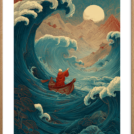 Månens hvisken i brændingen - Oak Frame, With White Border