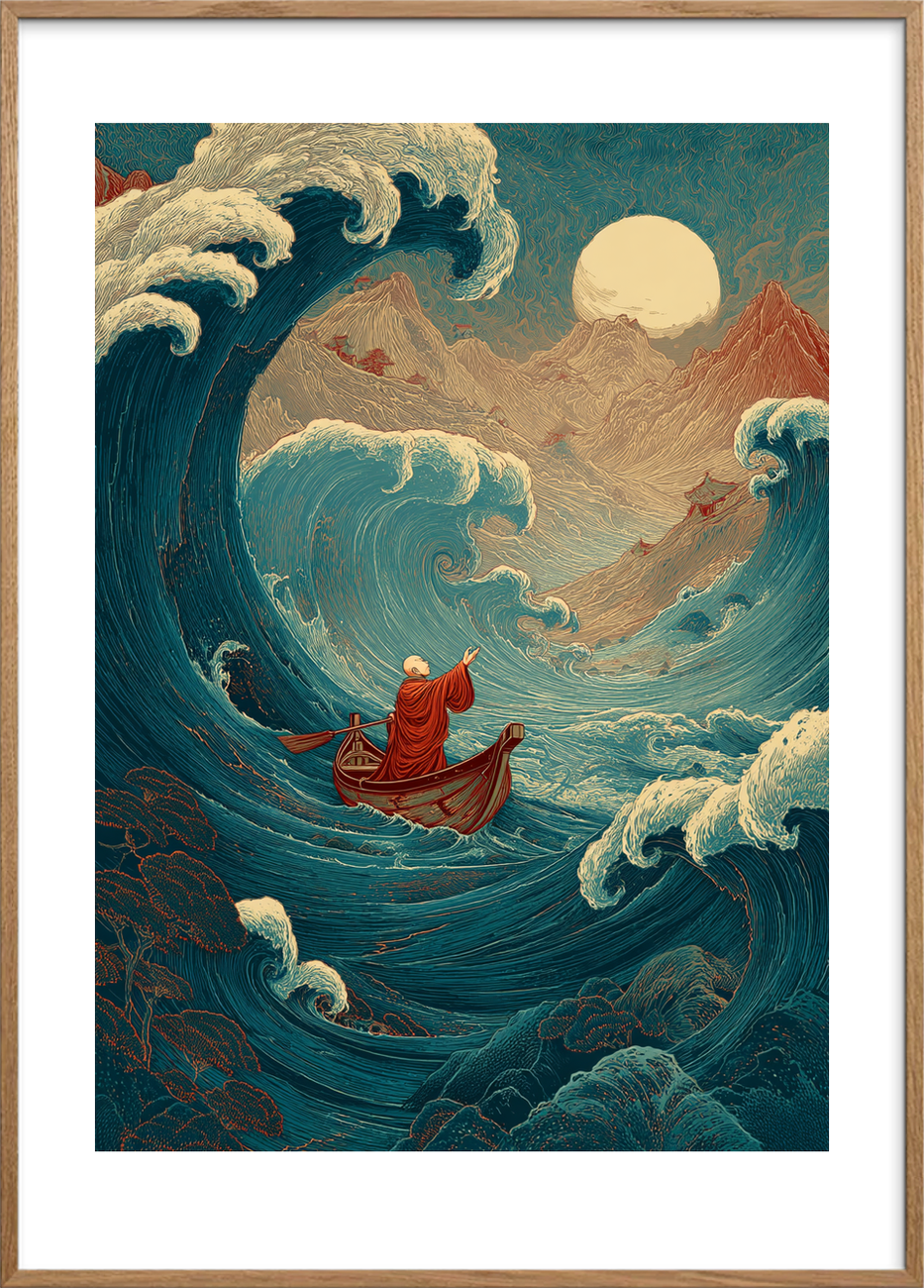 Månens hvisken i brændingen - Oak Frame, With White Border