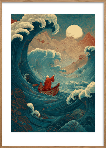 Månens hvisken i brændingen - Oak Frame, With White Border