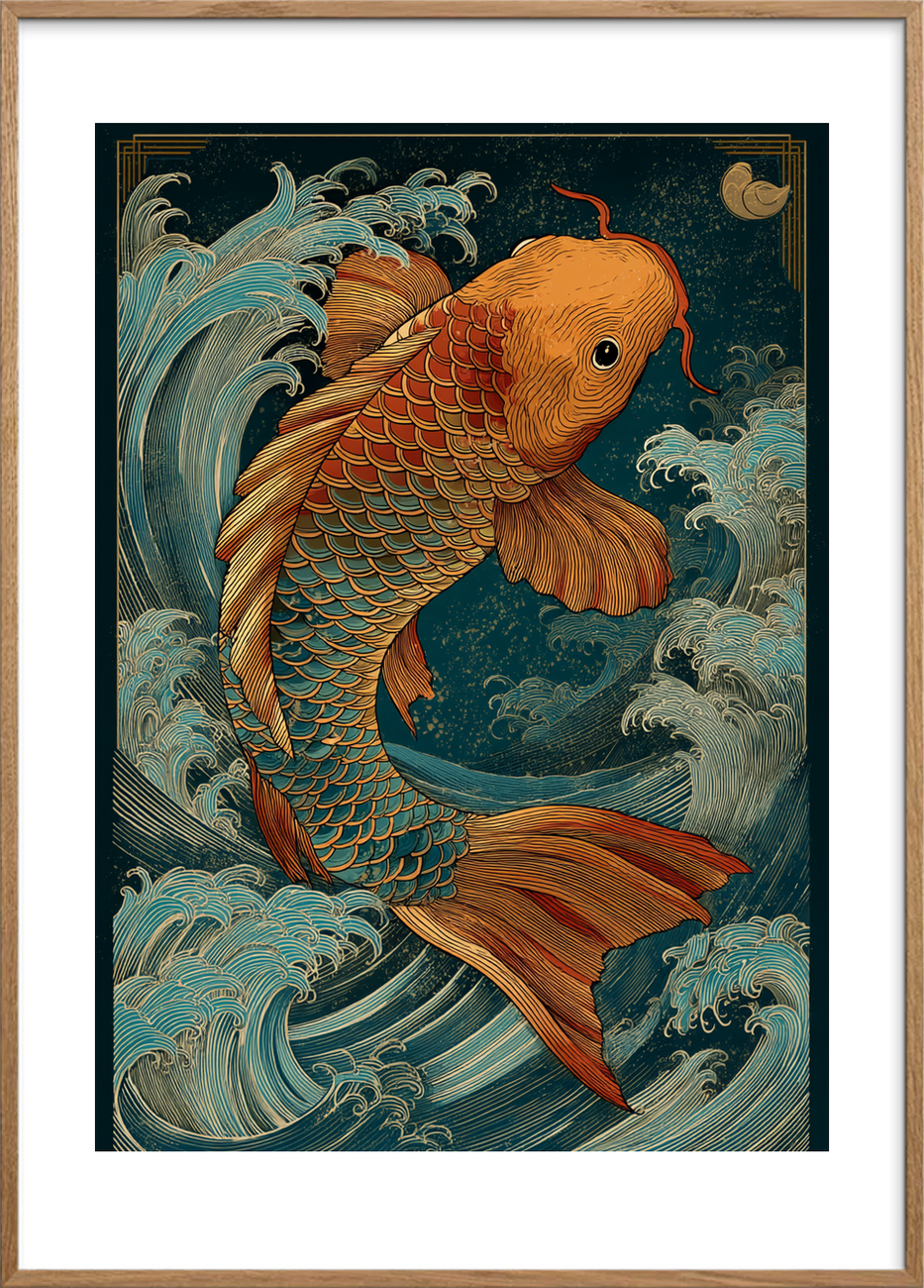 Bølgesang fra gyldne skæl - Oak Frame, With White Border