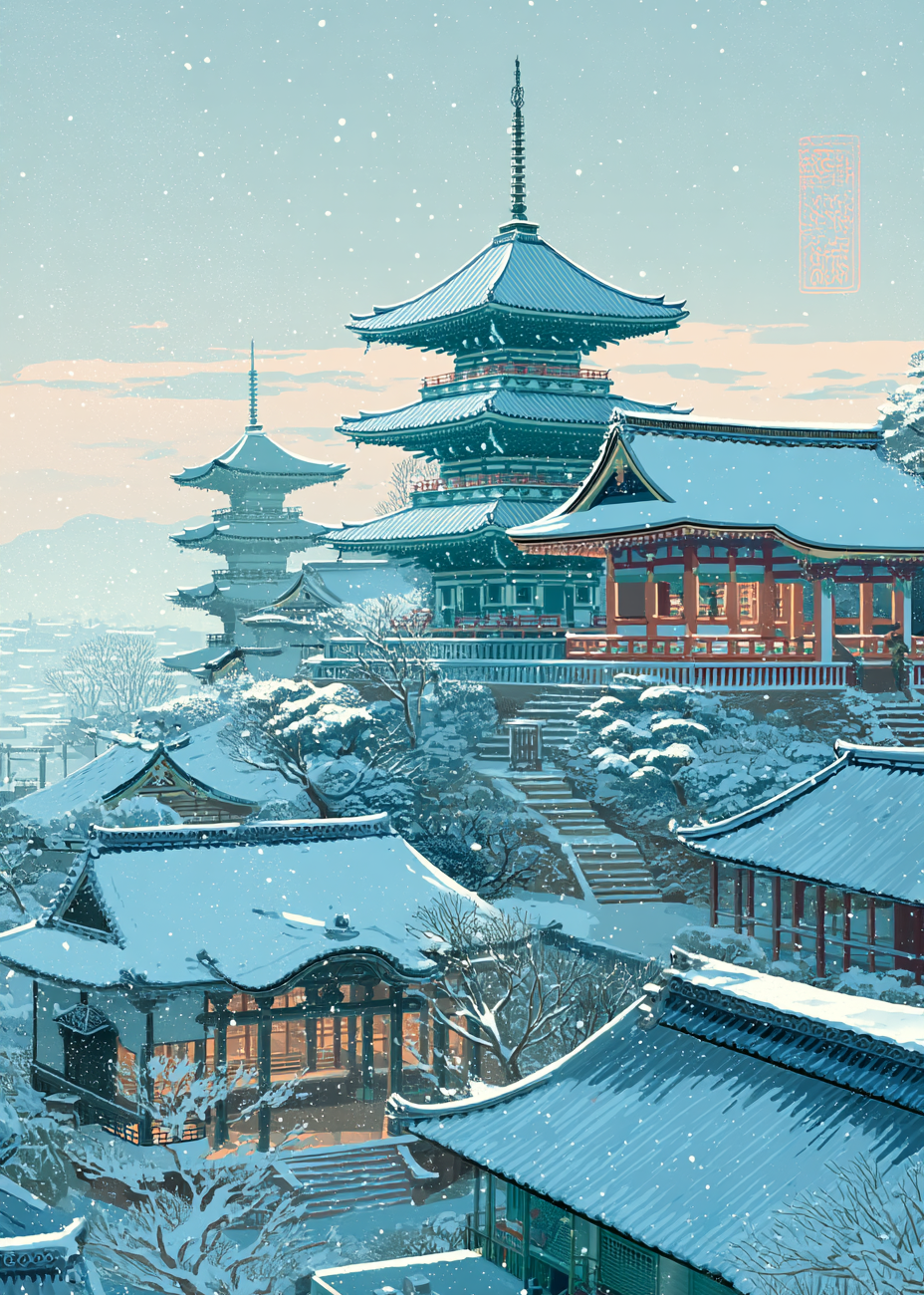 Hviskende sne over pagoder - No Frame, No Border