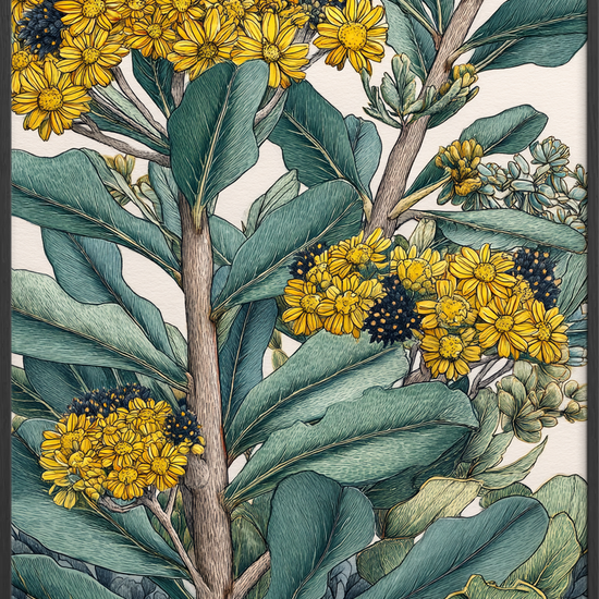 Gult sus i grønne blade - Black Frame, No Border