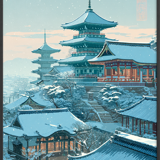 Hviskende sne over pagoder - Black Frame, No Border