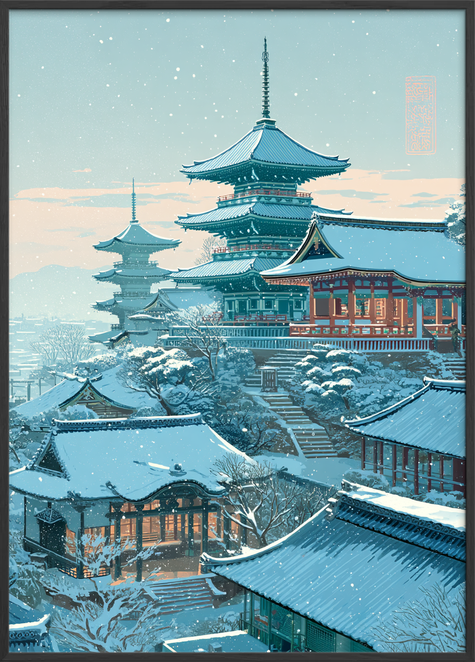 Hviskende sne over pagoder - Black Frame, No Border
