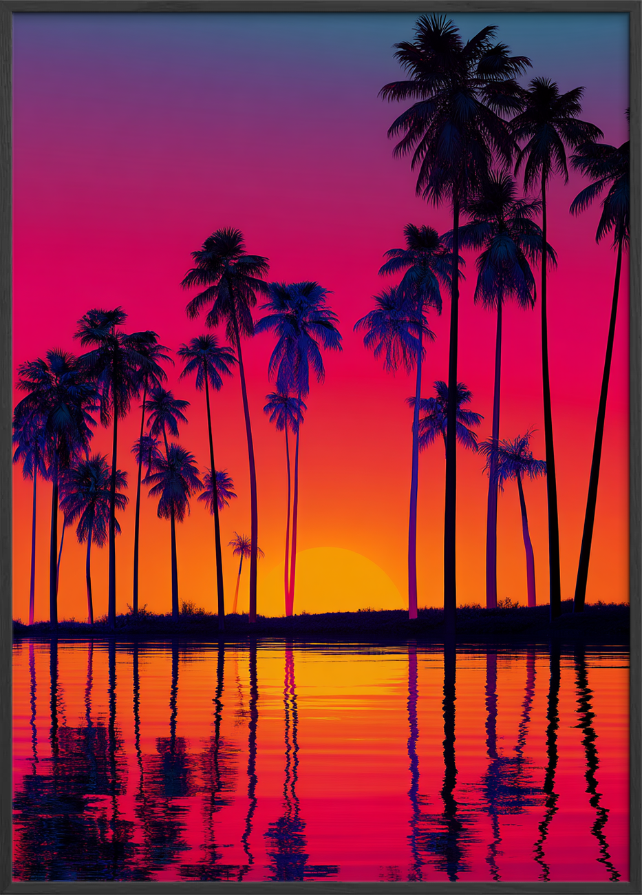 Aftenens palmesus ved vandet - Black Frame, No Border