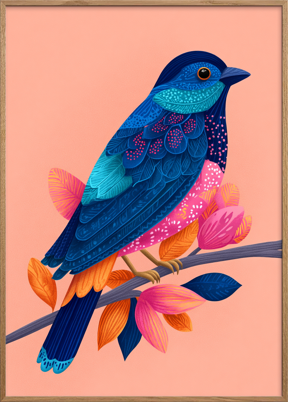 Blå fjer hvisker melodier - Oak Frame, No Border