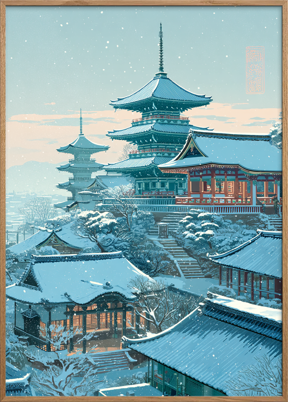 Hviskende sne over pagoder - Oak Frame, No Border
