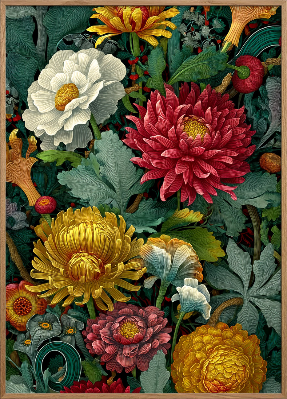 Hviskende blomsternes symfoni - Oak Frame, No Border