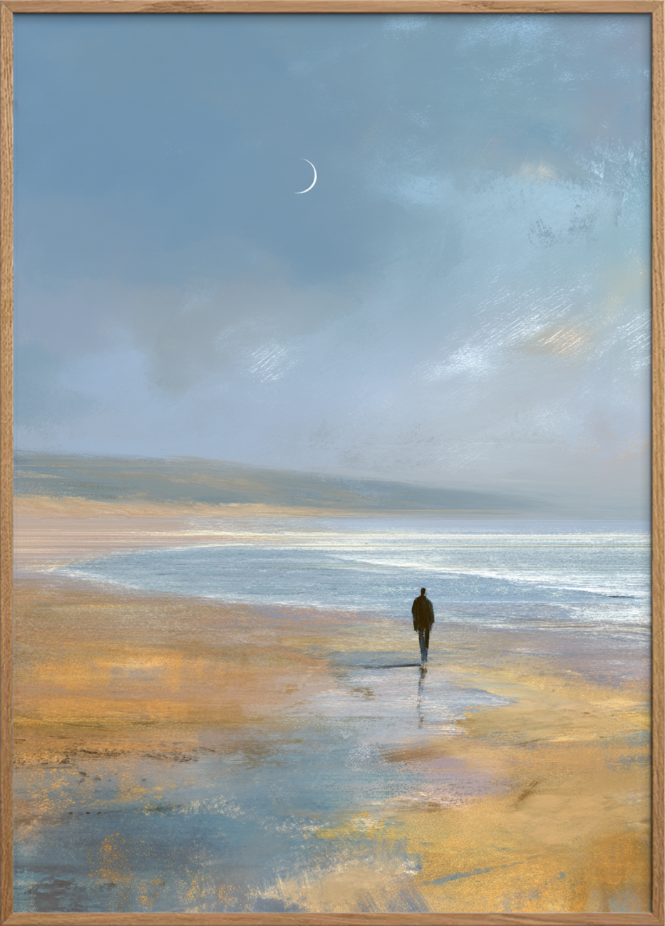 Måneskæret hvisker over havet - Oak Frame, No Border