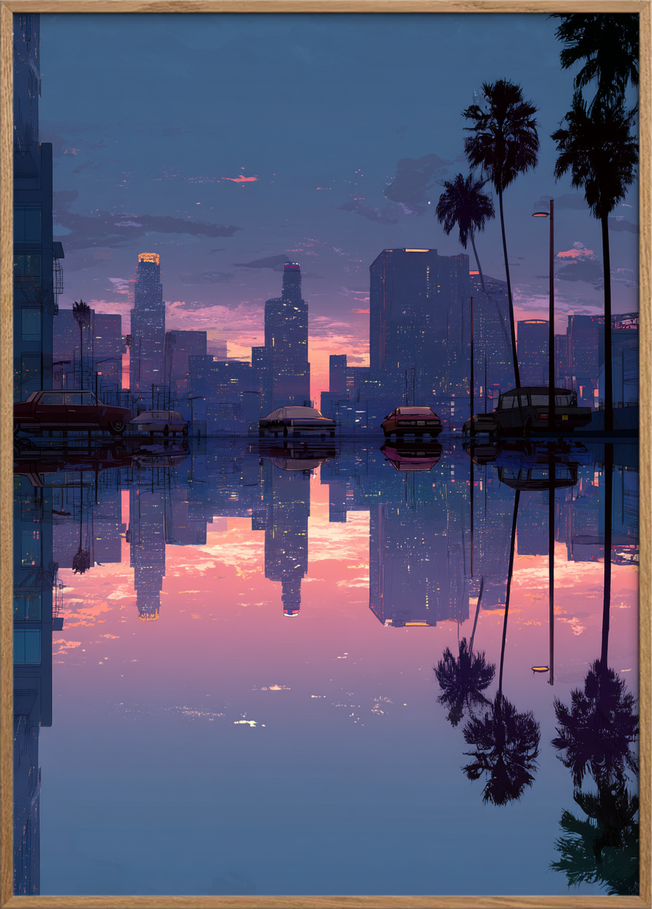 Byens hvisken ved solnedgang - Oak Frame, No Border