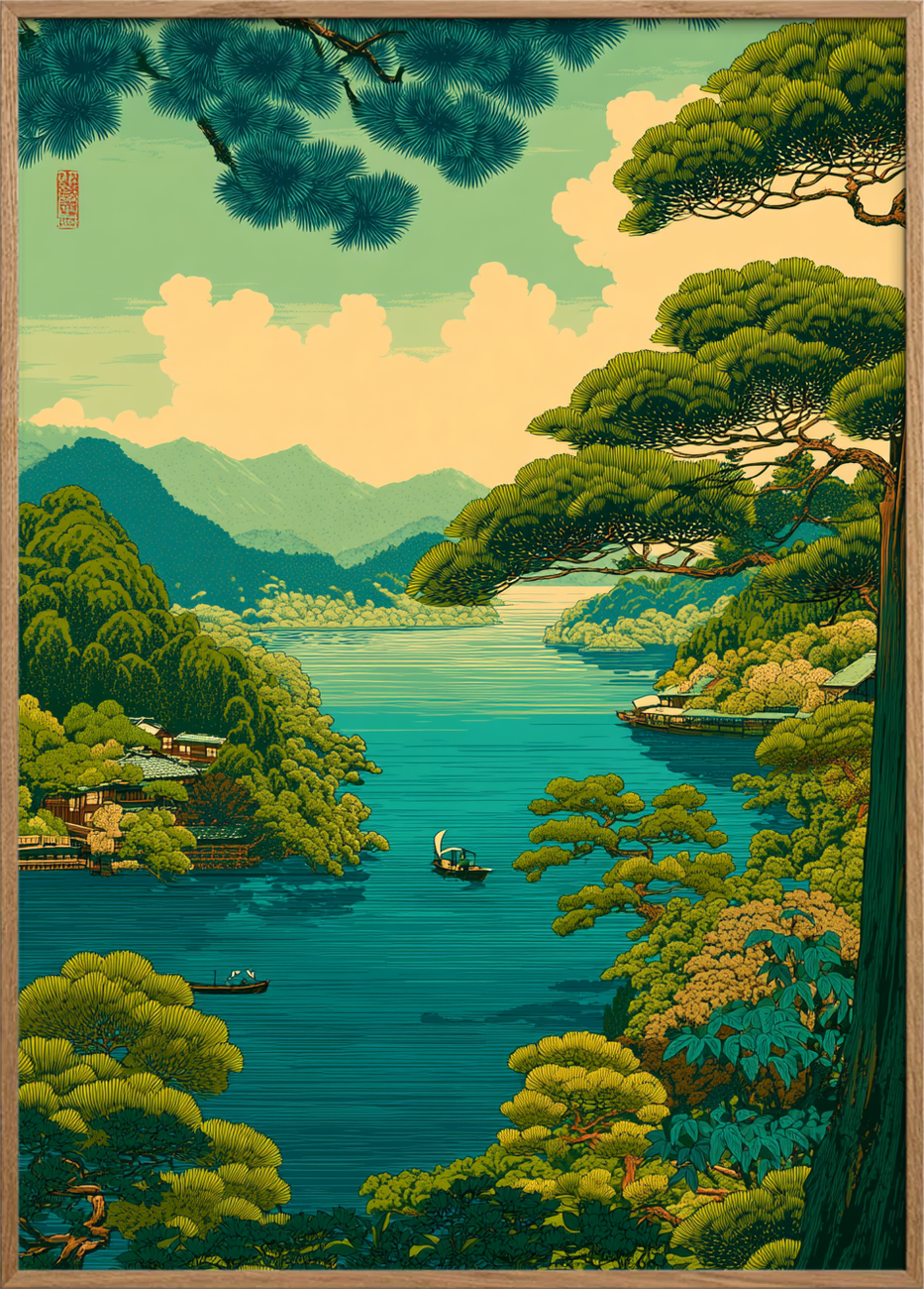 Vindens hvisken over søen - Oak Frame, No Border